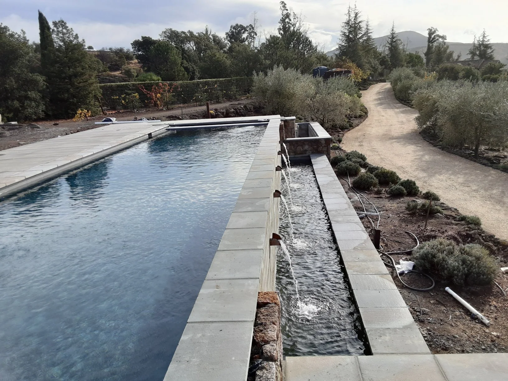 Long pool edge and water feature built into a sloped landscape