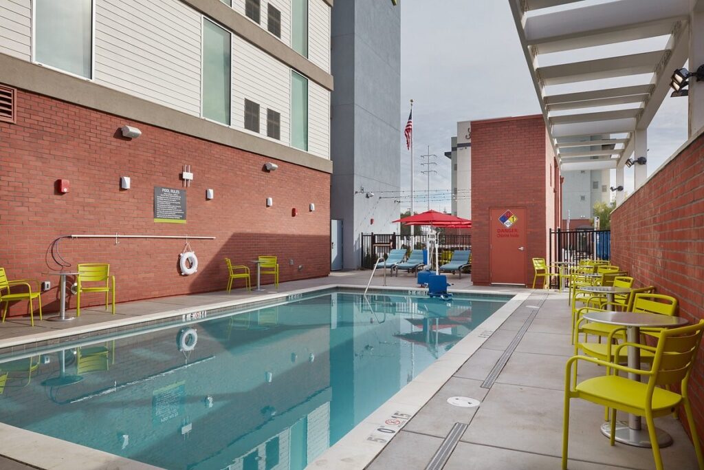 A commercial pool built by Cookie Cutter Pools for a hotel in Sacramento.