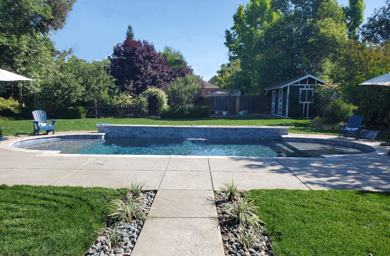 Concrete walkway leading to custom backyard pool installation.